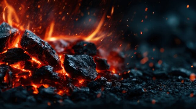 A close-up of glowing black coals with erupting sparks, embodying the intensity and raw energy of fire, perfect for BBQ or outdoor fire pit ambiance.
