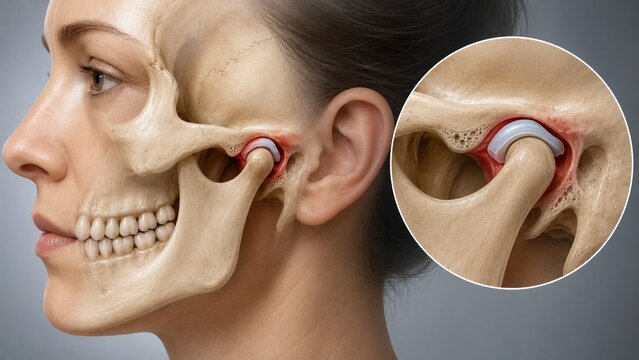 Anatomical Medical Illustration of the Temporomandibular Joint (TMJ) with Prosthetic Implant and Jaw Bone Structure