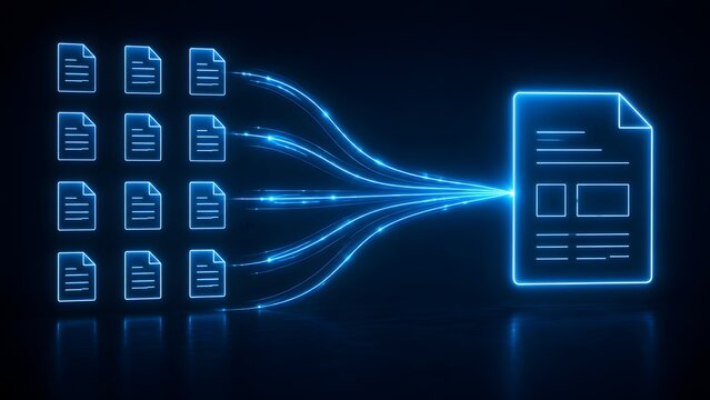 Multiple glowing digital documents aggregating into one large master file through luminous fiber optic lines symbolizing data compilation and report merging.