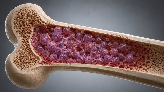 Cross-Section of Human Bone Anatomy with Spongy Bone Marrow and Microscopic Cells Medical 3D Illustration