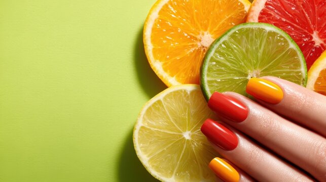A vibrant display of colorful nails against a backdrop of fresh citrus slices, showcasing a lively arrangement that emphasizes creativity, beauty, and seasonal freshness.
