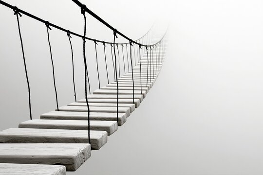 A solitary wooden and rope suspension bridge traverses a vast expanse of thick, white fog.