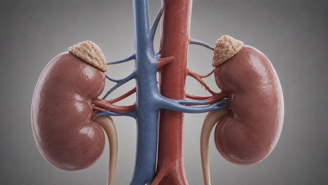Anatomically Correct 3D Render of Human Kidneys with Adrenal Glands, Renal Arteries, and Veins on Neutral Background