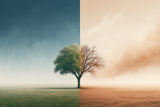 A solitary tree standing in the middle of a vast landscape, half lush and green, half completely scorched and leafless.