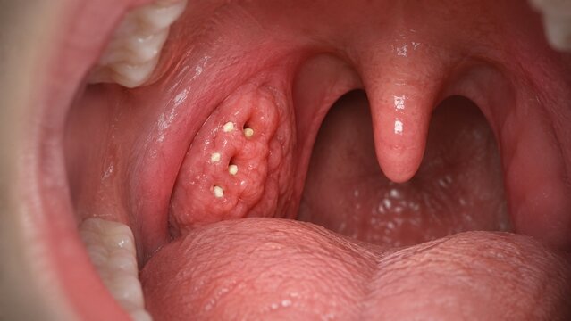 Medical Close-Up of Inflamed Tonsil with Tonsil Stones (Tonsilloliths) in Human Throat