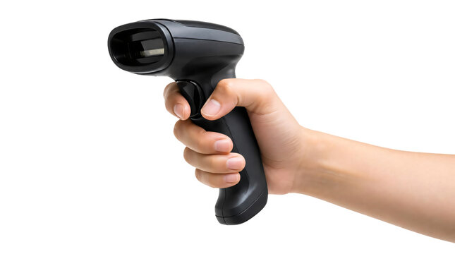 A hand holding handheld barcode scanner isolated on transparent background