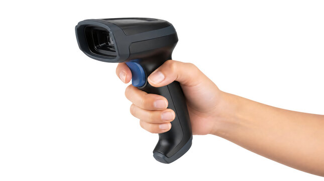 A hand holding handheld barcode scanner isolated on transparent background