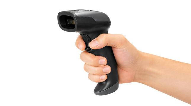 A hand holding handheld barcode scanner isolated on transparent background
