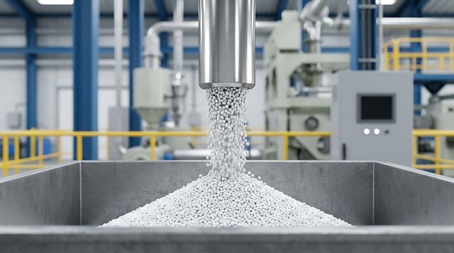 Industrial extrusion machine pouring white polymer plastic granules into stainless container inside modern manufacturing plant for chemical production process.