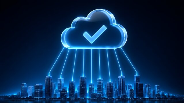Glowing blue cloud computing symbol with a checkmark hovering over a modern city skyline representing secure enterprise data network infrastructure.