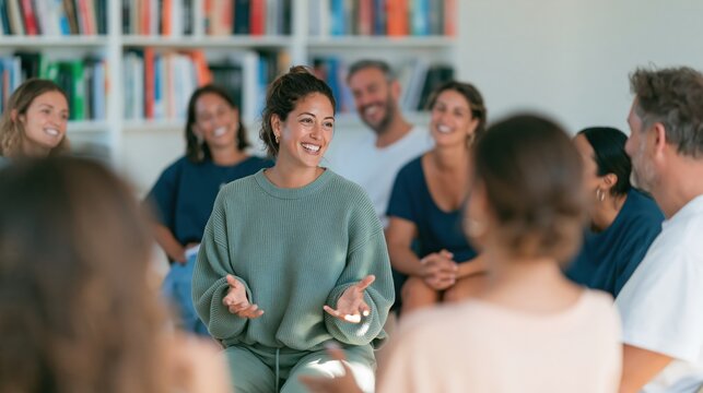 Adult facilitator in a sage green sweater leading a group of coworkers in a cozy, book-lined room for communication skills and peer support training