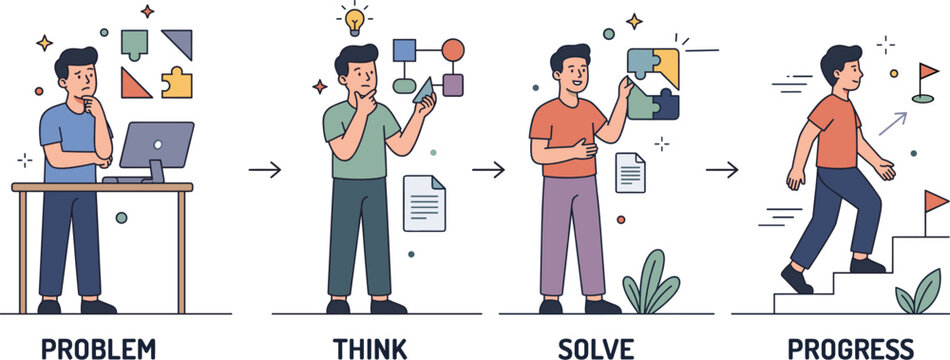 A detailed vector illustration depicting a four-stage business workflow process, showing a man moving from identifying a problem at his desk to thinking, solving the puzzle, and achieving progress. 