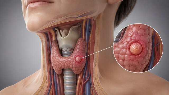 Medical Illustration of Thyroid Gland Nodule with Anatomical Cross-Section and Zoomed Inset of Tumor Growth in Neck