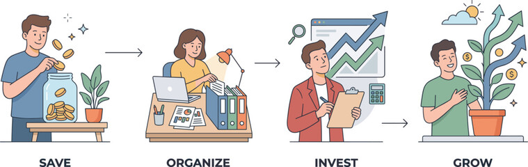 Fototapeta premium A detailed vector illustration depicting a four-step financial management workflow, showing people saving money in a jar, organizing documents, analyzing investment charts, and watching wealth grow. 