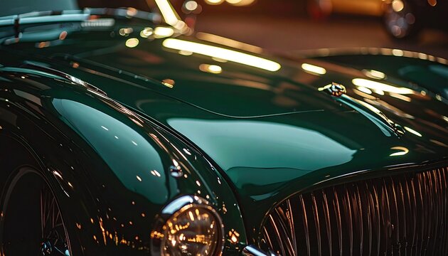 Close-up of a glossy green vintage sports car front fascia with chrome grille