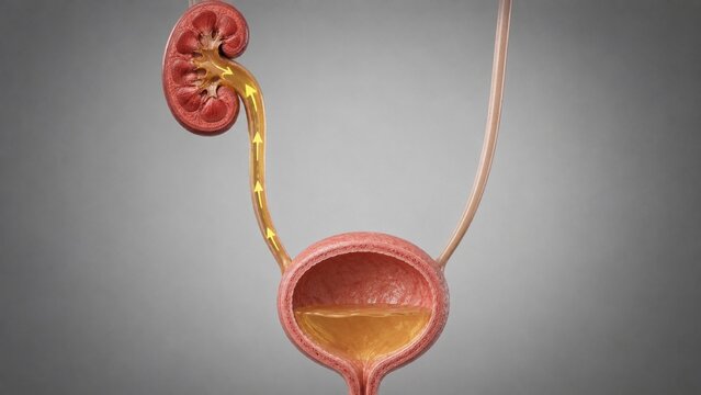 3D Medical Illustration of Vesicoureteral Reflux Showing Urine Flowing Backwards from Bladder to Kidney via Ureter