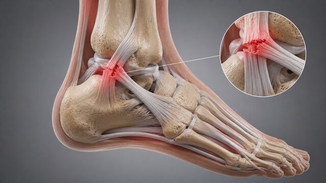 Anatomical 3D Illustration of a Torn Ankle Ligament Showing Sprain Injury and Inflammation with Zoomed-In Rupture Detail
