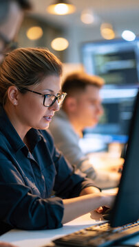 over the shoulder view of an academic professor collaborating with a student on a software development project in a bright office, cropped composition, academic mentorship,