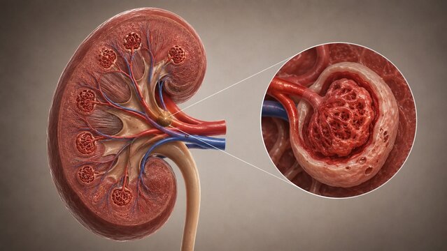 Detailed 3D Medical Illustration of Human Kidney Anatomy with Magnified View of Glomerulus Filtration System