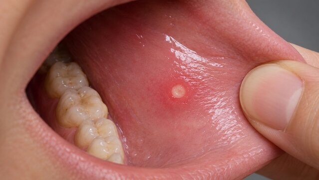Close-up of a Canker Sore or Aphthous Ulcer on the Inner Cheek Lining of a Human Mouth for Medical and Dental Education