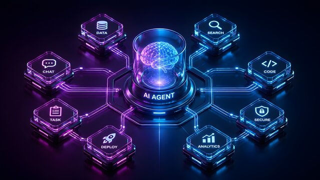 Glowing artificial intelligence agent network with digital brain connected to chat data code analytics and deploy modules