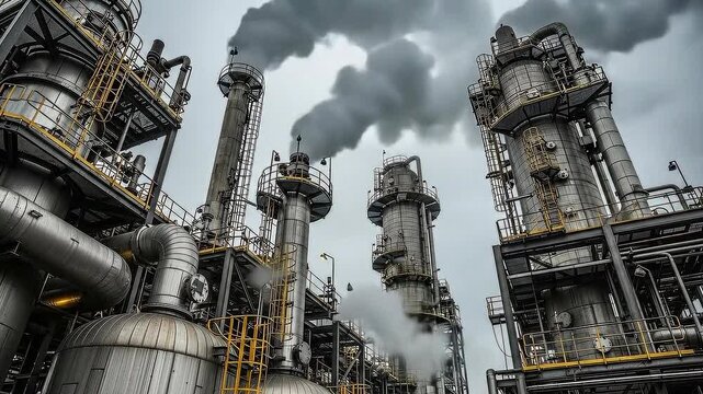 Steam plumes escape from high pipes at an industrial site showing constant pressure release over time