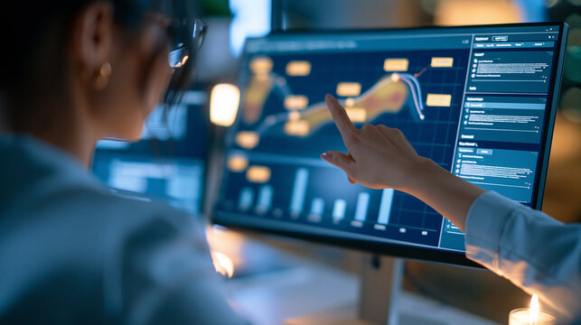 over the shoulder view of a businesswoman editing a customer journey heatmap on a bright digital screen, cropped composition, business analytics, data visualization, strategic
