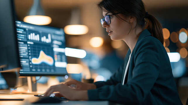 over the shoulder view of a businesswoman editing a customer journey heatmap on a bright digital screen, cropped composition, business analytics, data visualization, strategic