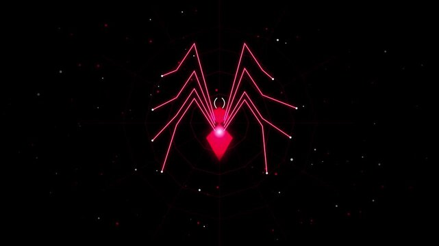 A cinematic sci-fi motion loop featuring a procedural biomechanical cyber spider weaving an energetic red laser grid on a black background. Flowing crimson nanite particles warp around the entity, ide