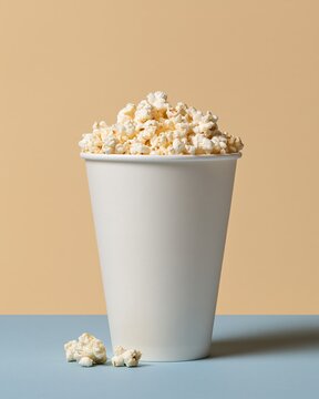 Popcorn bucket overflowing with puffed kernels on a blue surface, a blank white paper mockup for cinema and snack packaging design