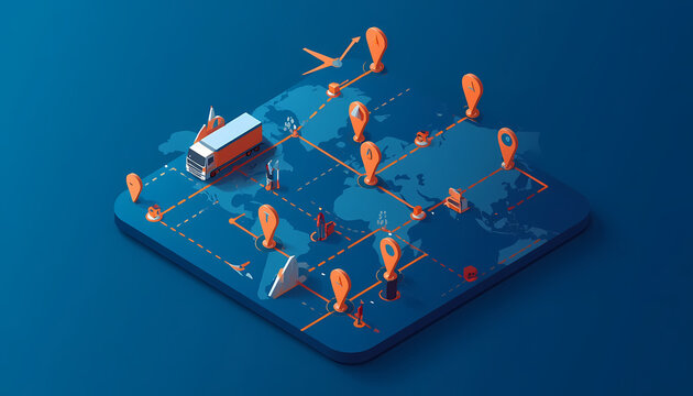 Supply chain risk management and real-time tracking platform with connected logistics nodes and world map base