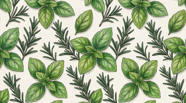 Seamless pattern of fresh basil leaves