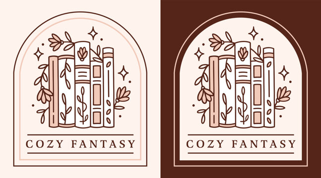 Cozy fantasy books fall winter season book club logo with library nook illustration for label sticker tag design. Magical light academia bookshelf whimsical cottagecore aesthetic drawing poster print.