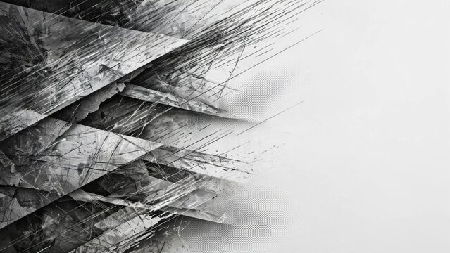 Monochromatic abstract with sharp geometric shards and textured, linear chaos