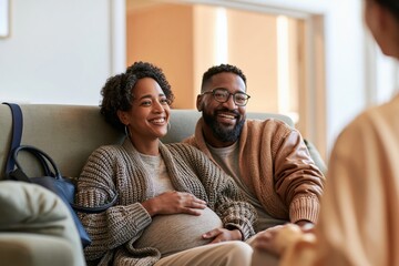 Fototapeta premium Pregnant woman and her partner sitting on a soft sage green sofa, smiling during a supportive prenatal counselling session for family wellness