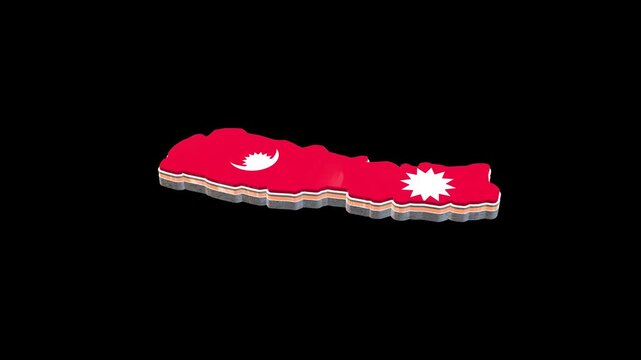 Nepal 3d map with national flag texter animation on black background.