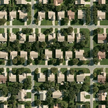 Suburban grid layout with repeating beige roofs and olive green lawns, featuring a flat matte texture for urban planning and network mapping