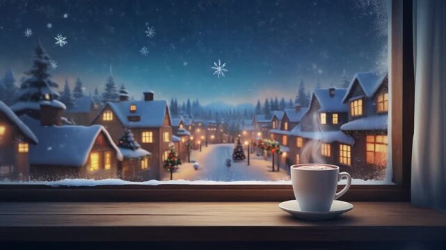 Hot Chocolate by Window Overlooking Snowy Christmas Town at Night, Dreamy Digital Art Loop