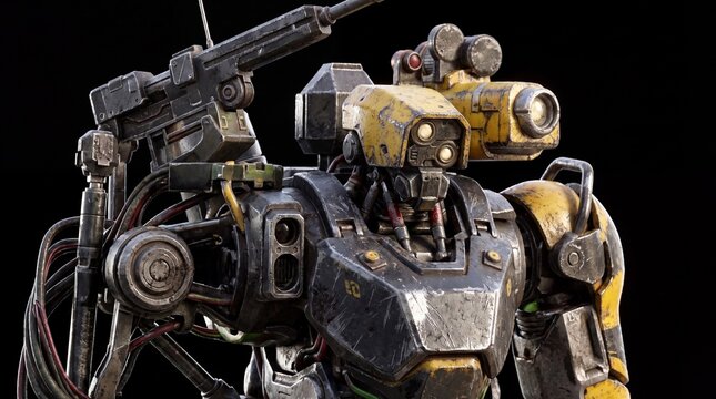 Robot stands in a dark setting with guns and cameras, showcasing its detailed design and features