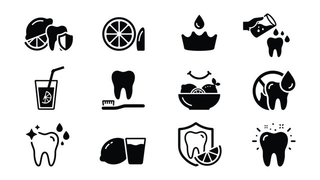 Black and white dental hygiene and healthy teeth lifestyle icons set