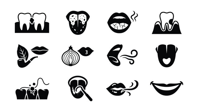Black and White Dental and Oral Health Related Icons Set