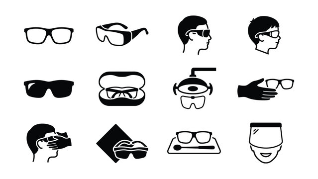 Collection of icons showing various types of eyewear and vision testing equipment
