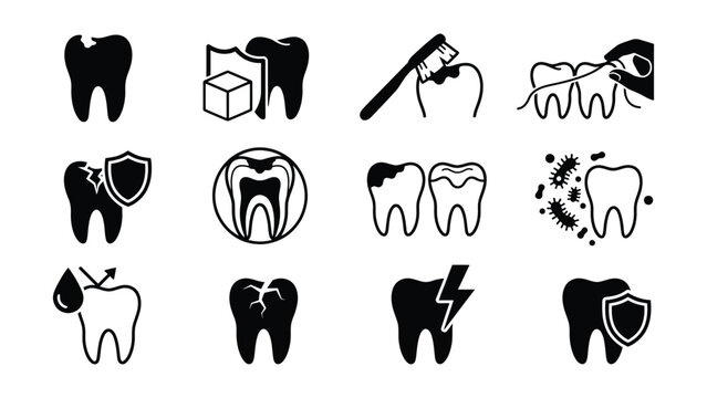 Black and white dental care and tooth treatment icons set