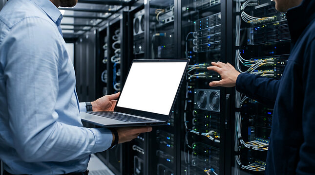 IT engineers working with a laptop in a modern data center server room