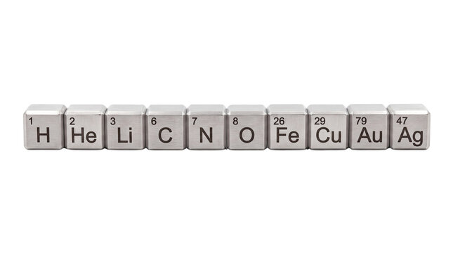 Metallic periodic table cubes with chemical symbols, set of 10 silver element blocks, science education icons on white background