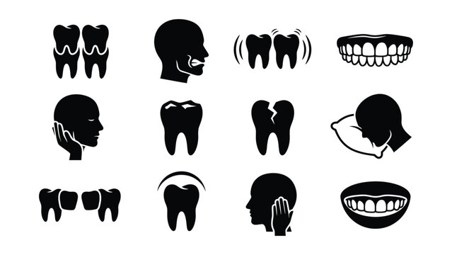 Collection of dental health icons showing various tooth conditions and treatments