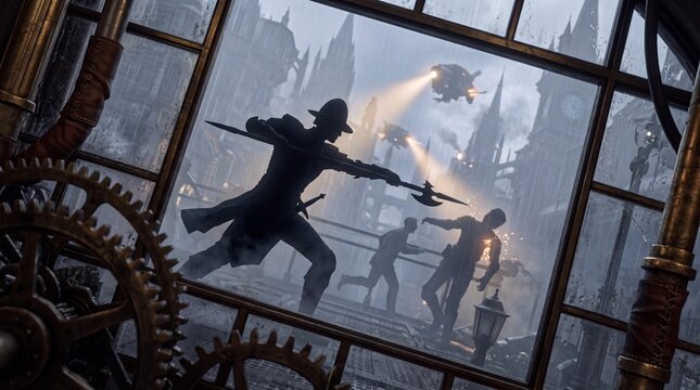 A scene showing people in a city fighting with weapons while machines hover above during the night