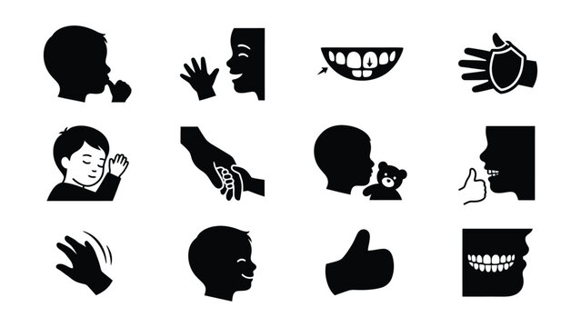 Collection of black silhouette icons showing various child behaviors and expressions