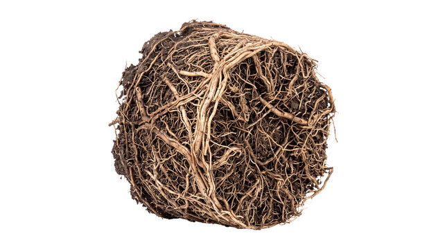 Fibrous plant roots with soil on white background, organic root ball for gardening, tangled brown root system for botany