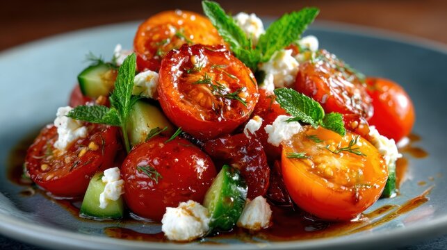 A colorful medley of roasted tomatoes, cucumbers, mint, and tangy feta, showcases nutritious ingredients in a visually appealing presentation that tempts the taste buds.
